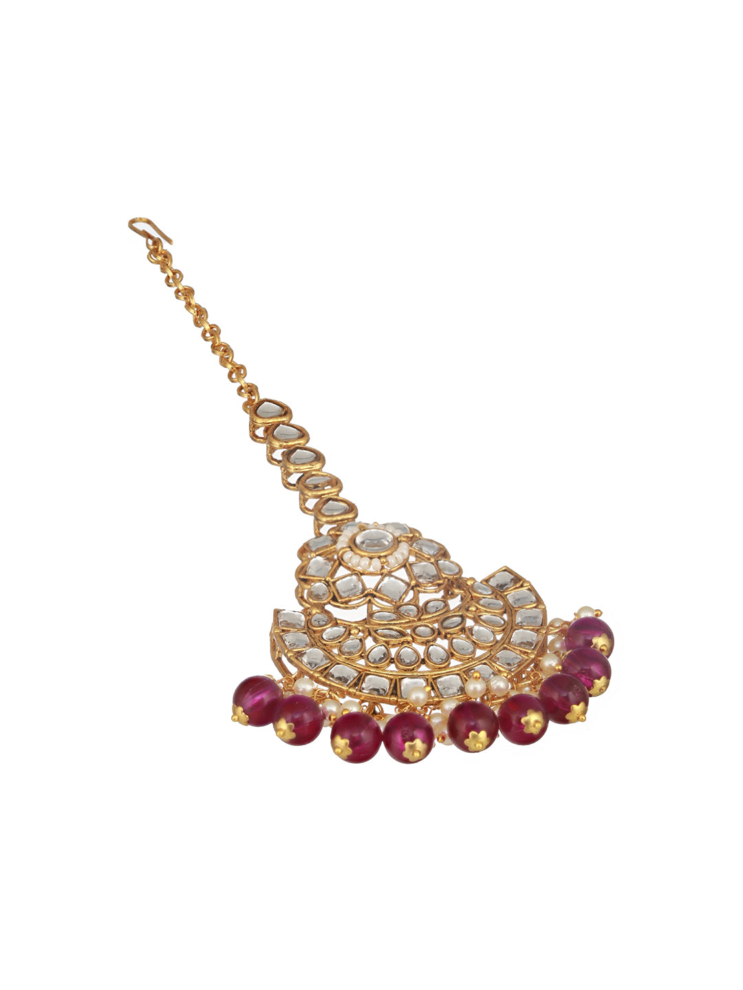 Jazz And Sizzle Gold-Plated & Wine Kundan Studded Jewelry Set with Maangtikka