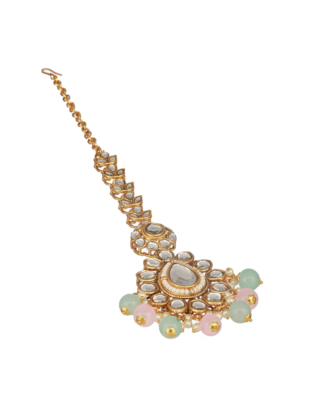 Gold Plated Kundan Studded &Amp; Mint Green &Amp; Baby Pink Pearl Beaded Choker Jewellery Set With Maangtikka