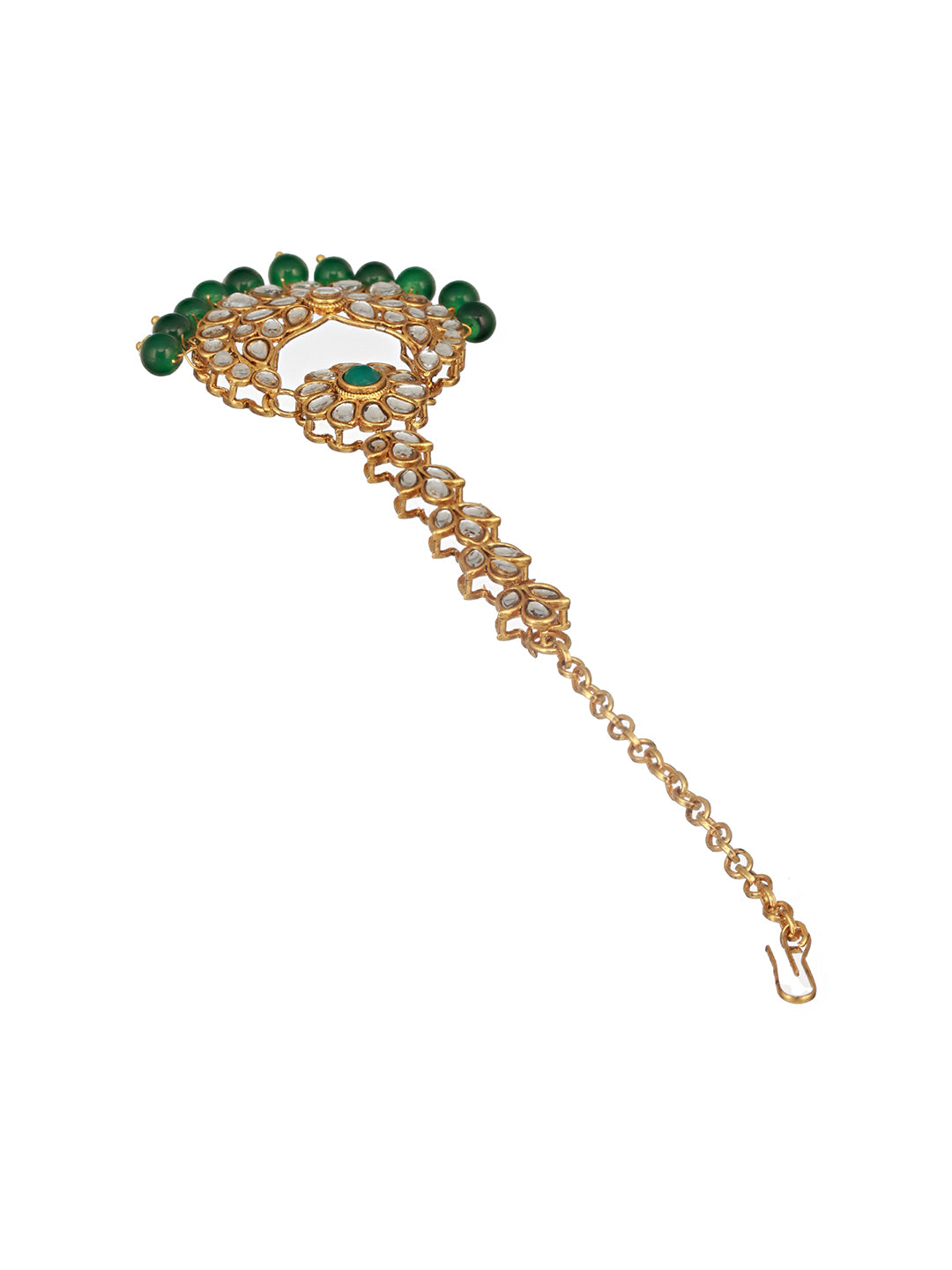 Jazz And Sizzle Gold-Plated Green Kundan-Studded & Pearl Beaded Handcrafted Maang Tikka - Jazzandsizzle
