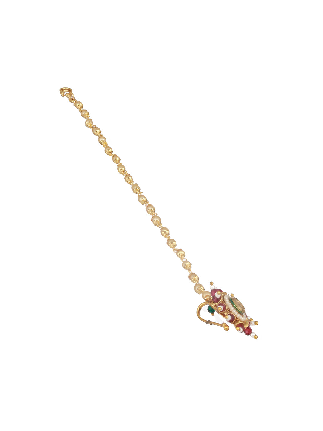 Jazz And Sizzle Gold-Plated Green & Pink Kundan Studded & Pearl Beaded Non Piercing Nosepin with Chain - Jazzandsizzle