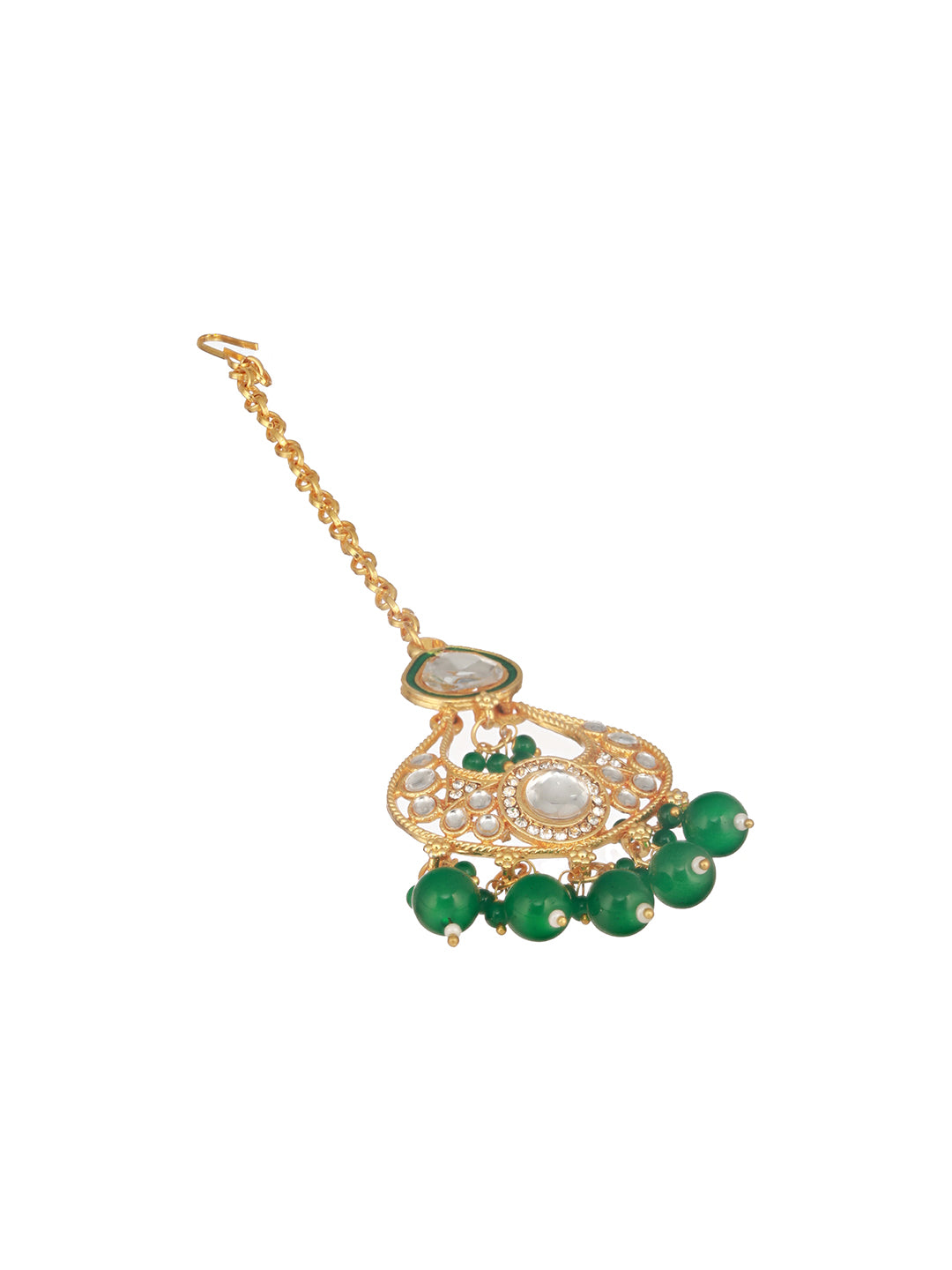 Gold-Plated Green & White Kundan-Studded & Beaded Handcrafted Jewelry Set With Maangtikka