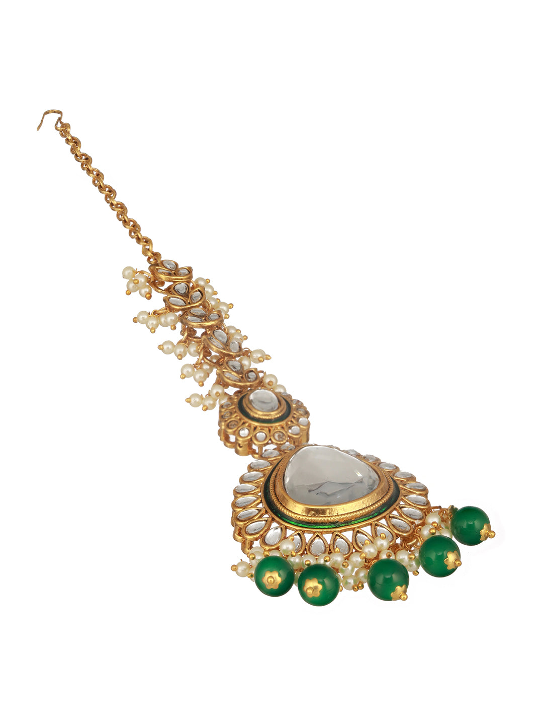 Gold-Plated White & Green Kundan-Studded & Beaded Maangtikka