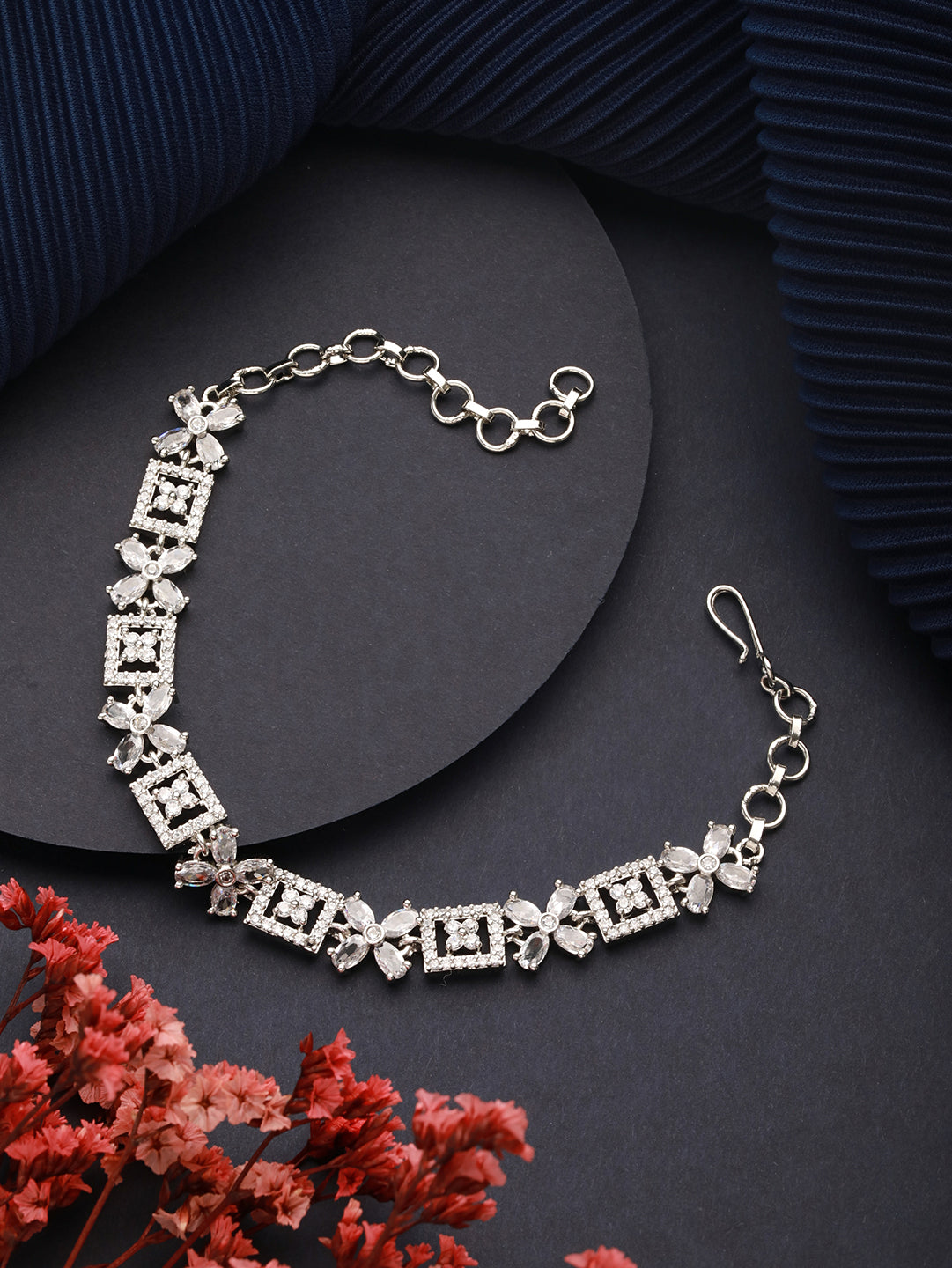 Brass Cubic Zirconia Rose Silver-Plated Link Bracelet