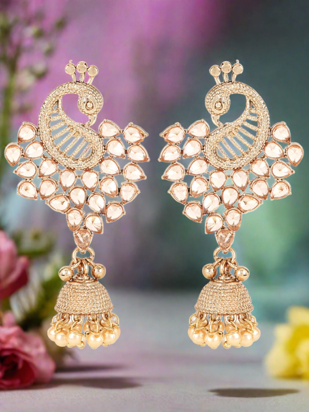 Jazz And Sizzle Gold-Plated CZ Studded Pearl Beaded Peacock Shaped Jhumka Drop Earrings - Jazzandsizzle