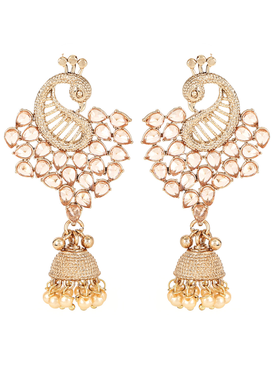 Jazz And Sizzle Gold-Plated CZ Studded Pearl Beaded Peacock Shaped Jhumka Drop Earrings - Jazzandsizzle