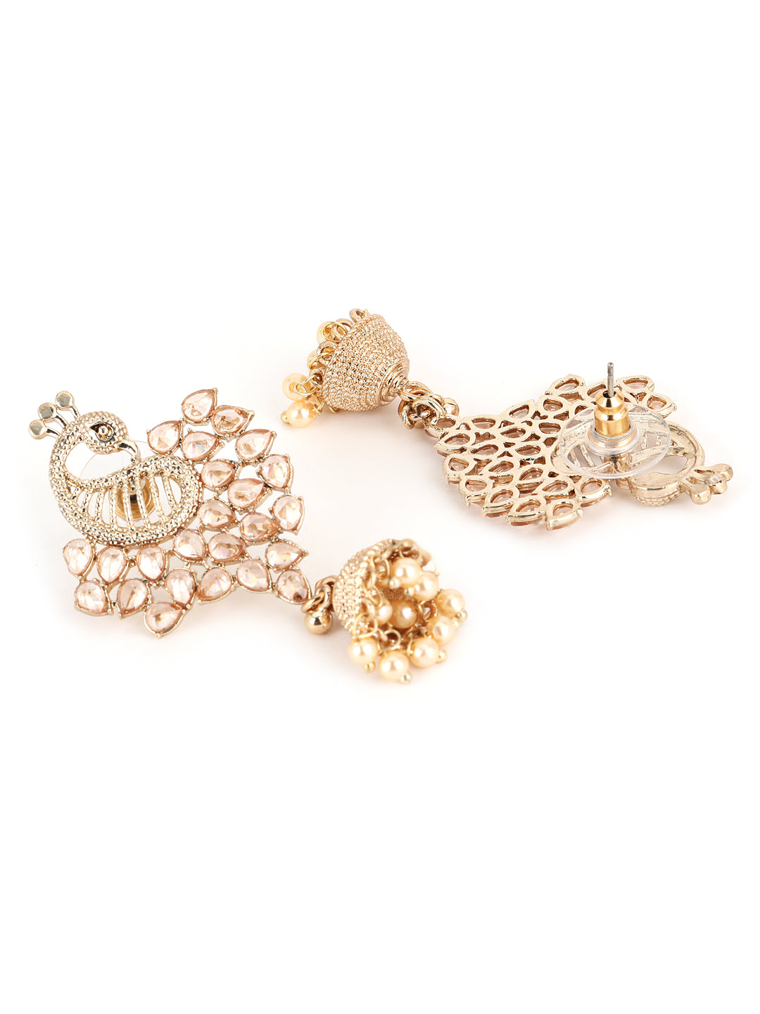 Jazz And Sizzle Gold-Plated CZ Studded Pearl Beaded Peacock Shaped Jhumka Drop Earrings - Jazzandsizzle