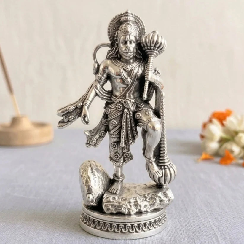 Hanuman Ji with Gada Idol | Strength, Protection & Spiritual Energy ( Silver Plated )