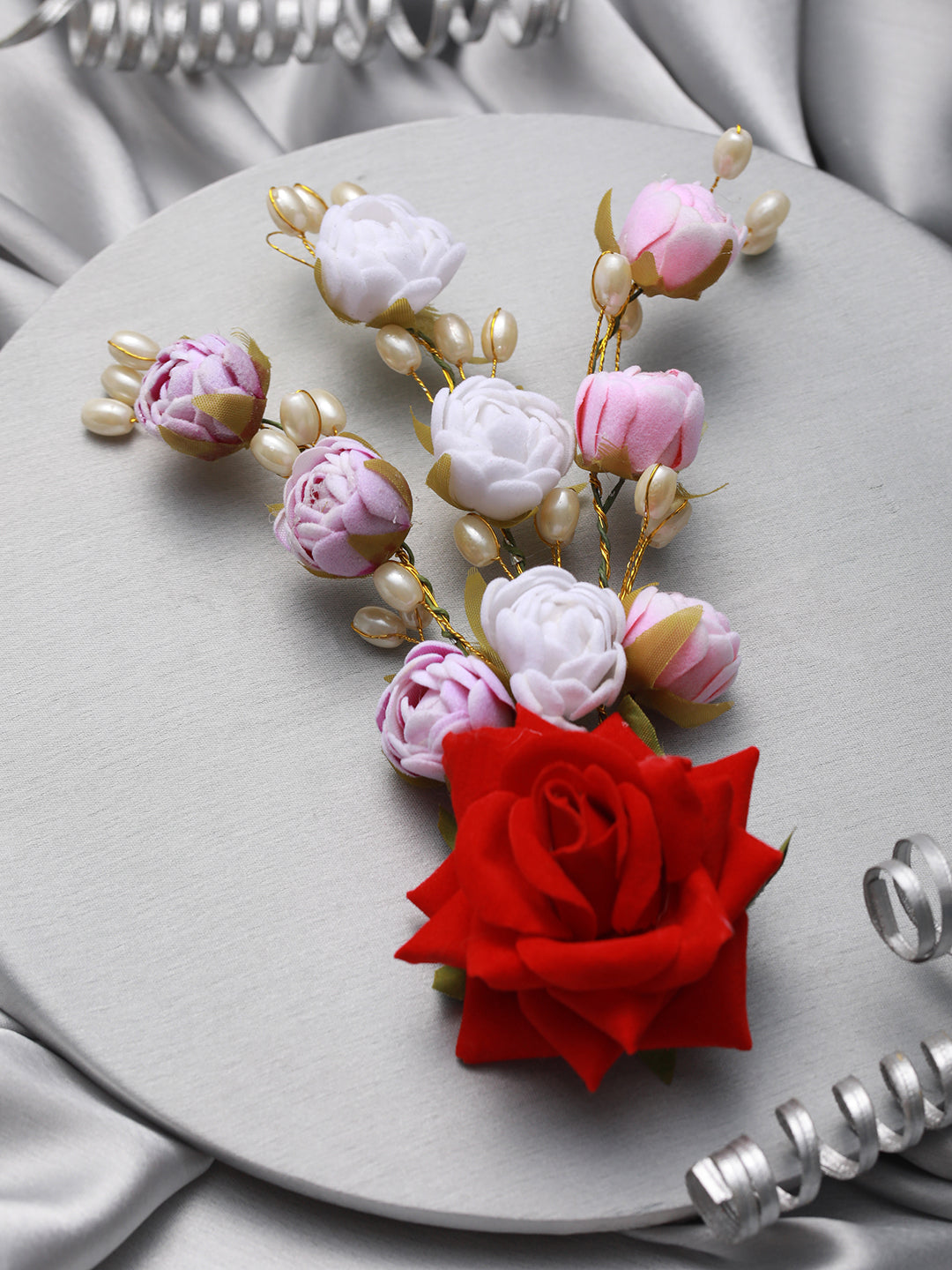 Women Red Rose wth White & Mauve Embellished Artificial Flower & Pearl Beaded Gajra Designed Hair Pin - Jazzandsizzle