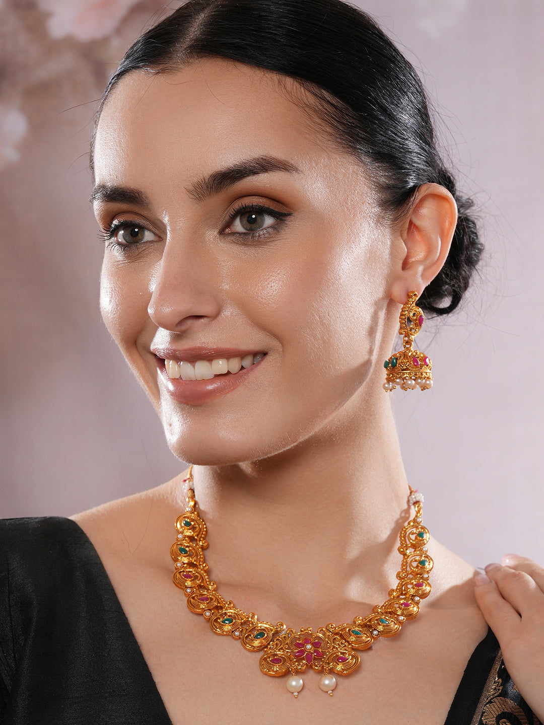 Jazz And Sizzle Gold-Plated Multicolor Stone Studded- Antique Peacock Necklace Set