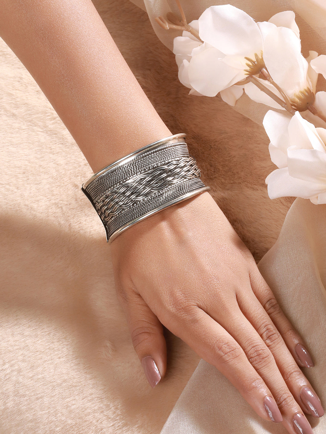 Women Silver-Plated Oxidised Cuff Bracelet - Jazzandsizzle