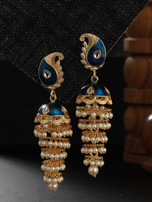 Blue Gold-Plated Kundan-Studded & Meenakari Jhumkas Earrings - Jazzandsizzle