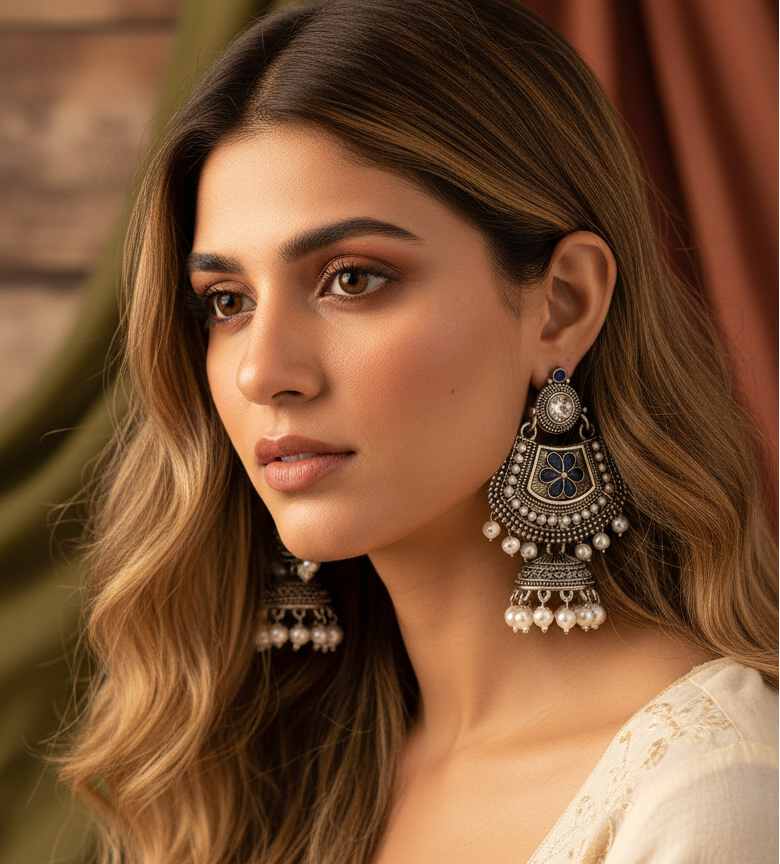 Blue Kundan & White Pearl Beaded Floral Ethnic Jhumka Drop Earrings