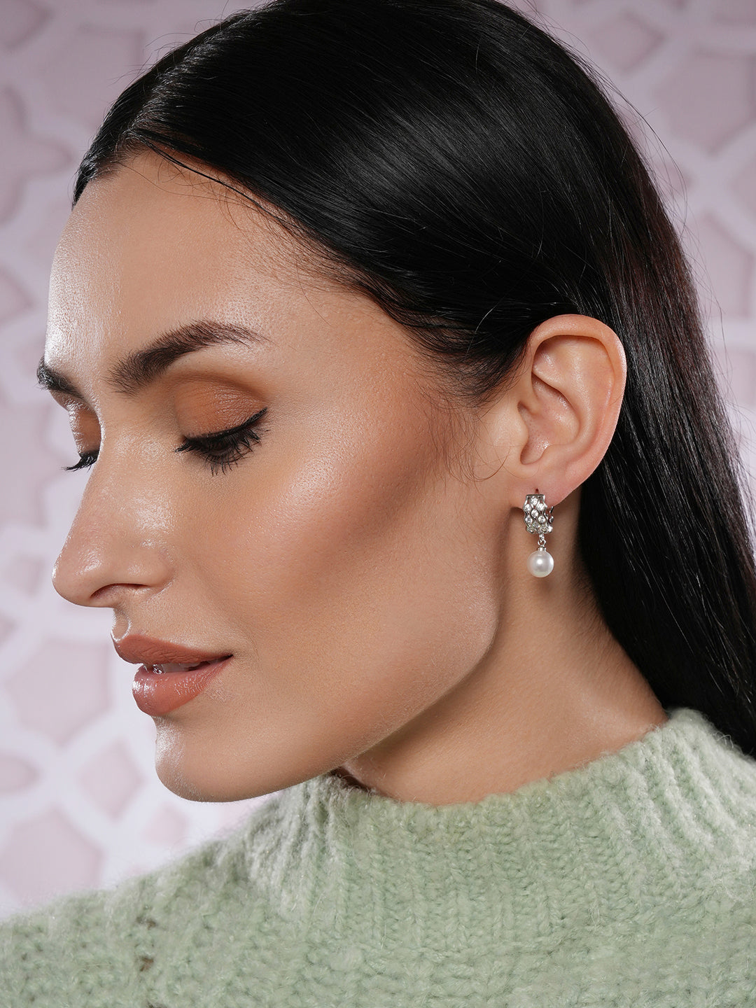 Jazz And Sizzle Silver Plated Pearl Beaded Contemporary Hoop Earrings