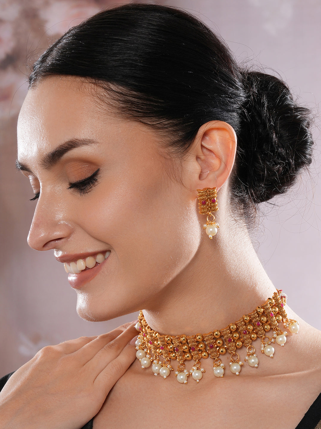 Jazz And Sizzle Gold-Plated Stone -Studded & Pearl Beaded Necklace & Earrings Set