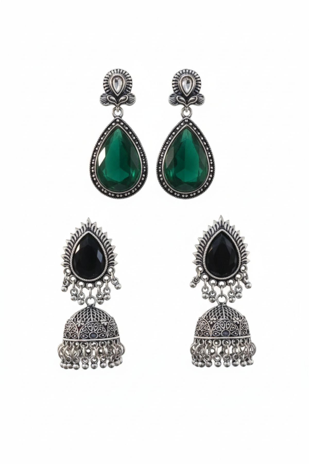 Jazz And Sizzle Set of 2 Silver Plated Emarald Stone Studded Tear Drop Earrings & Black Stone Studded Jhumka Earrings