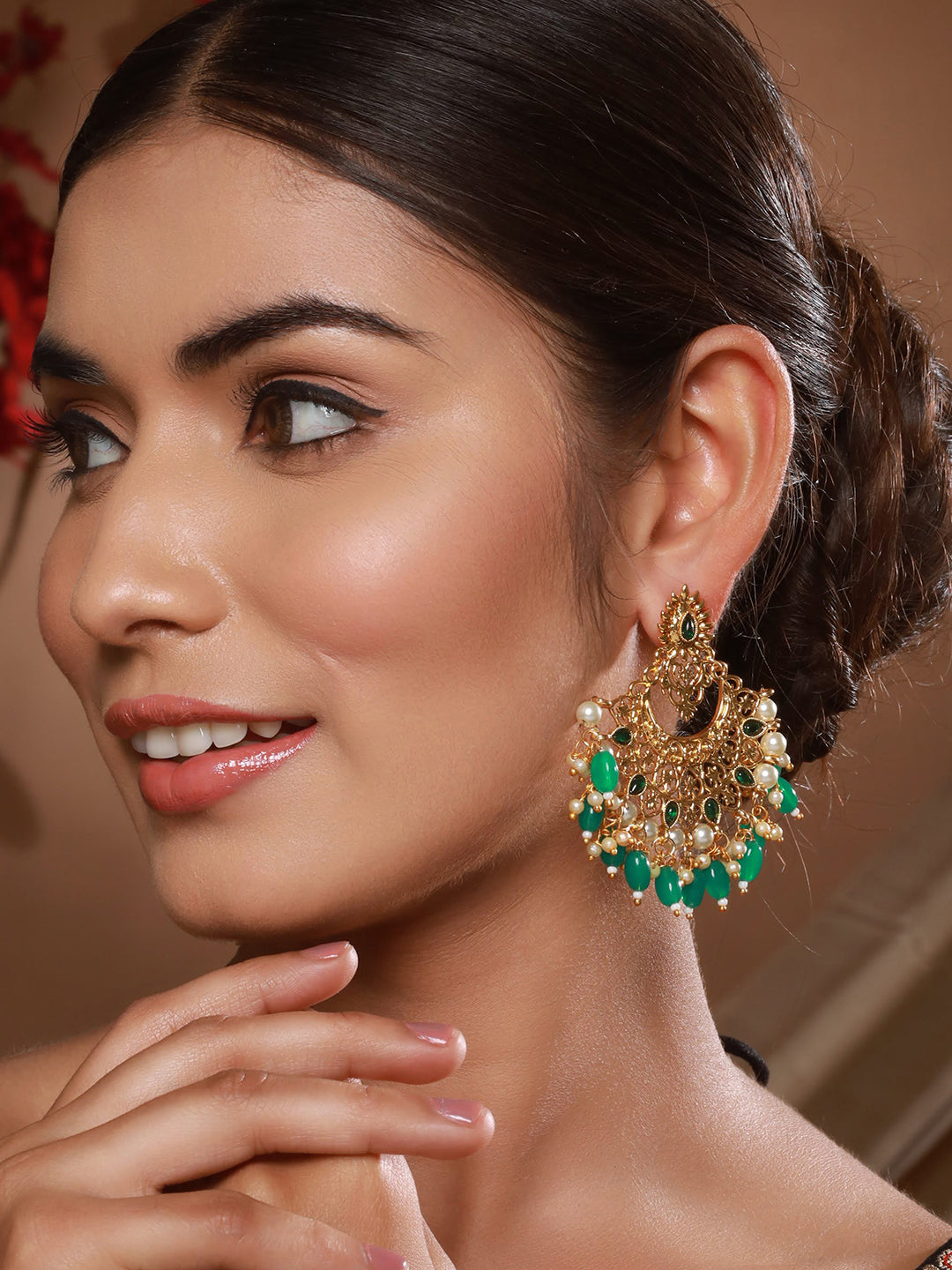 Jazz and Sizzle Gold-Plated Kundan Studded & Beaded Contemporary Chandballi Earrings