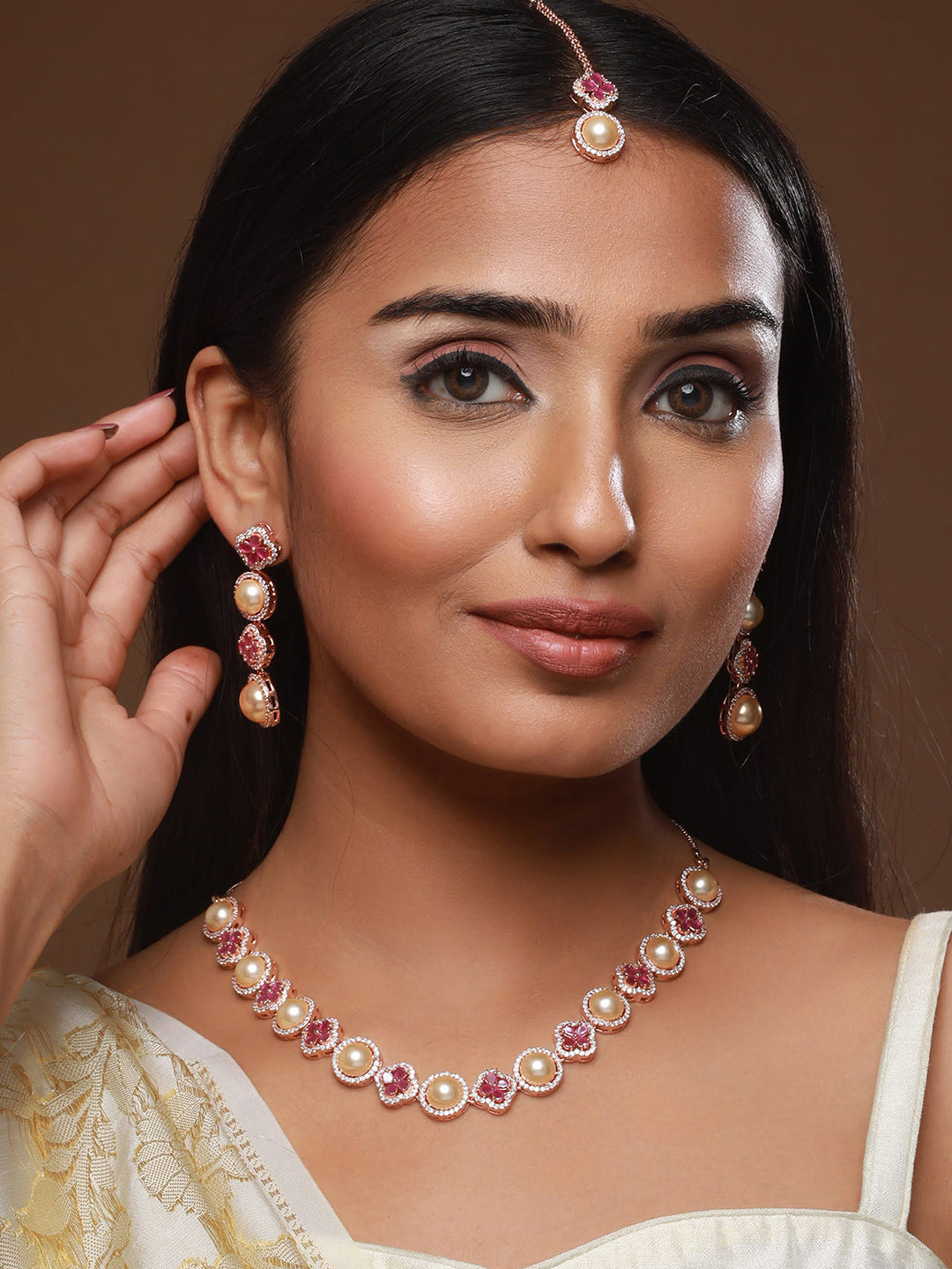 Gold-Plated AD Studded Necklace and Earrings & with Maang Tika - Jazzandsizzle