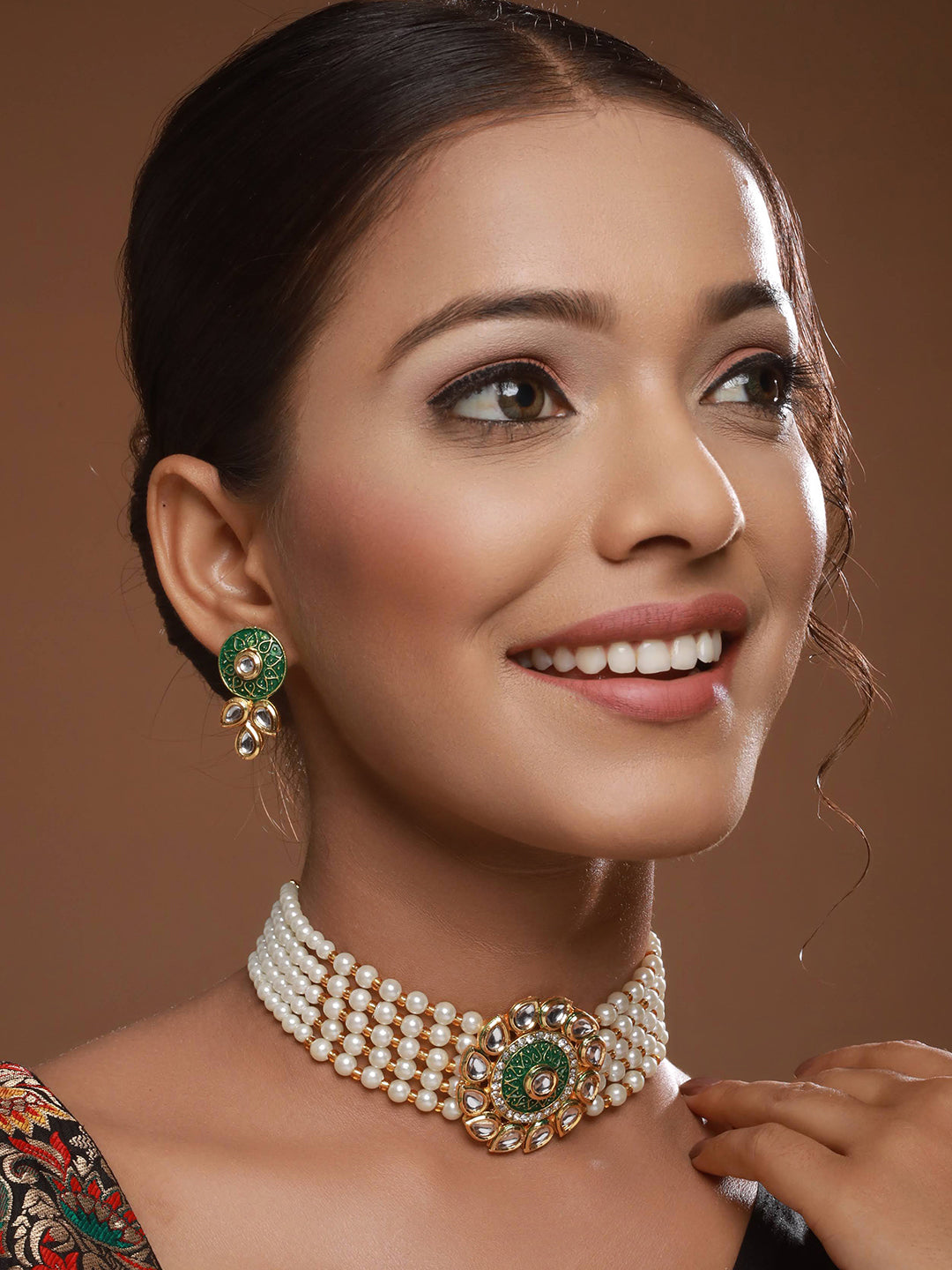 Gold-Plated Kundan-Studded & Beaded Meenakari Necklace & Earrings - Jazzandsizzle