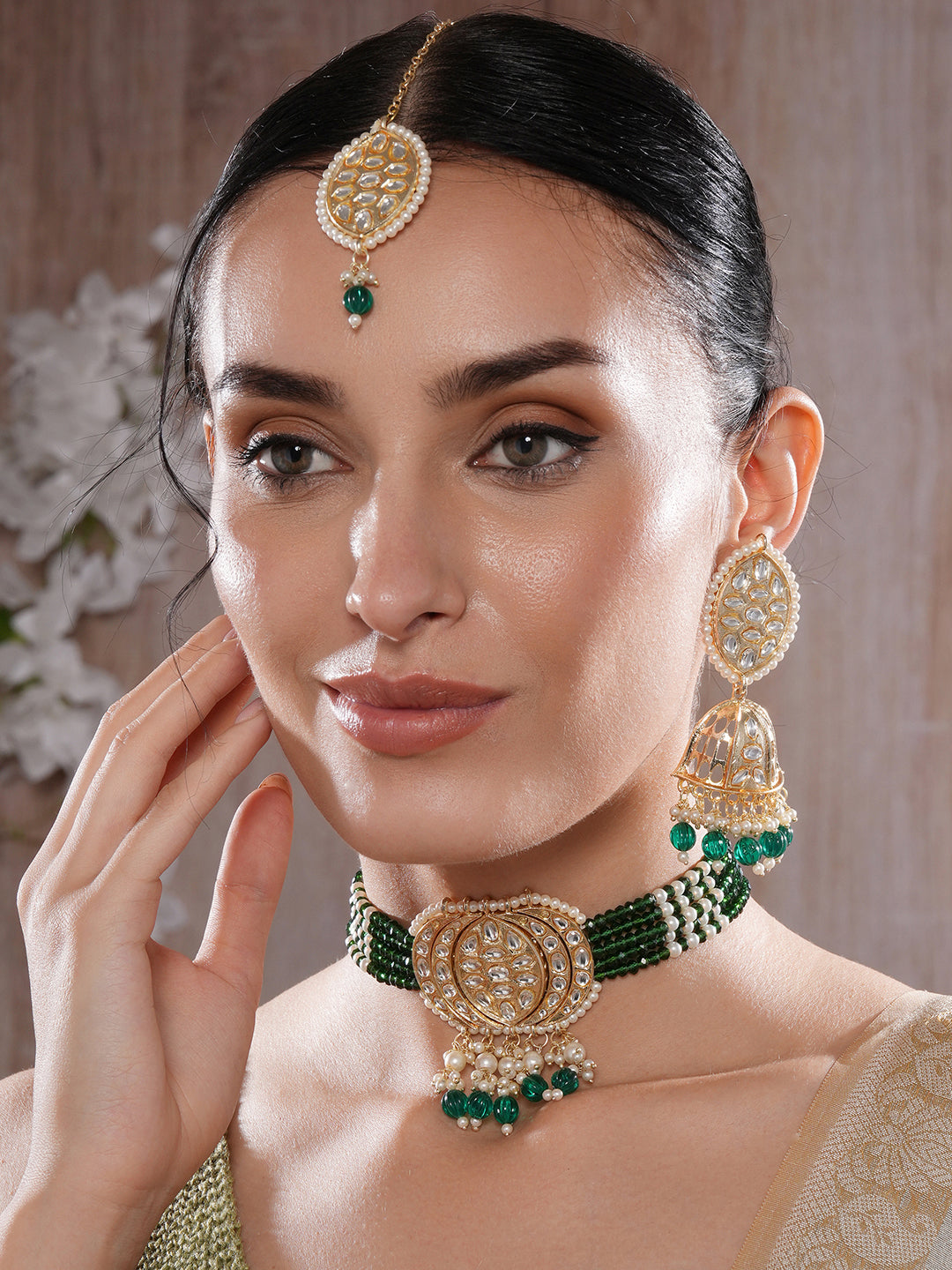 Jazz And Sizzle Gold-Plated Kundan-Studded & Beaded Necklace & Earrings Set with Maangtikka