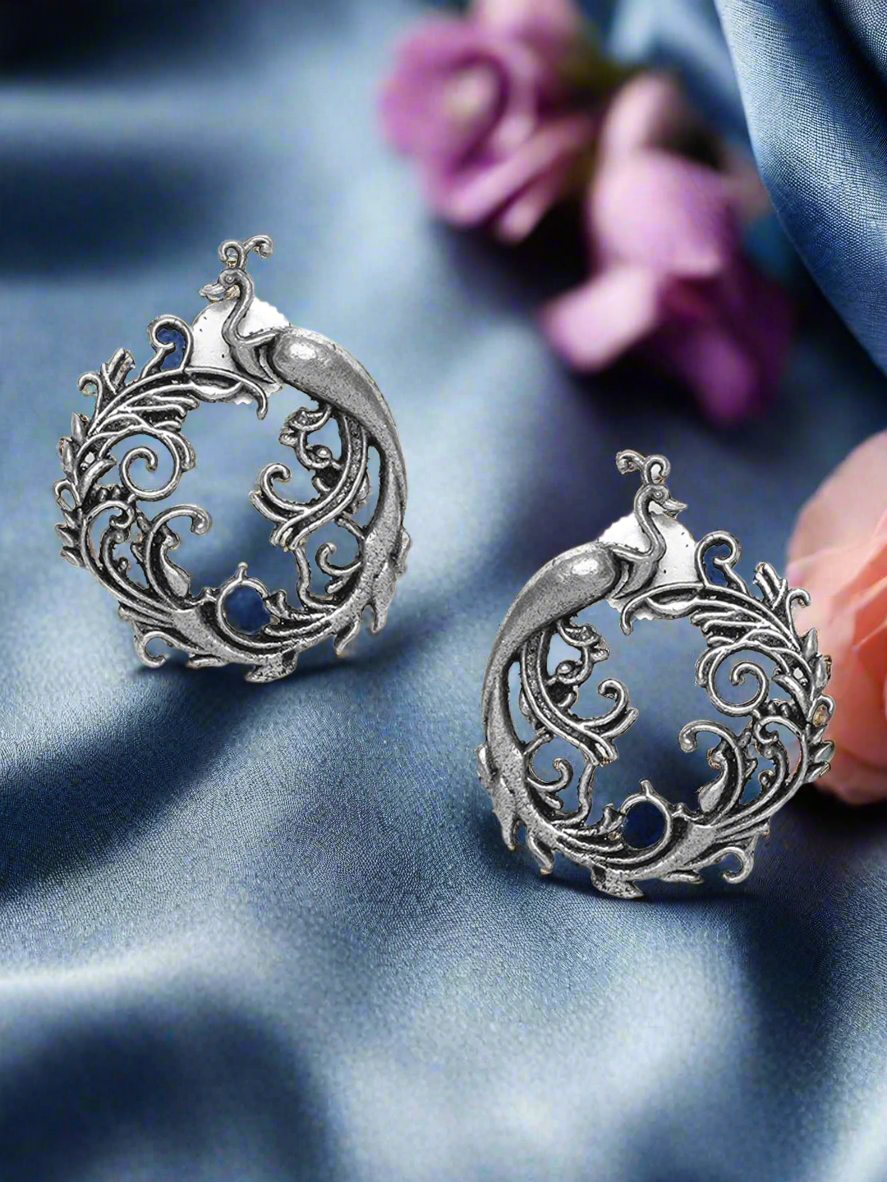 Handcrafted Peacock Shaped Oxidized Stud Earrings