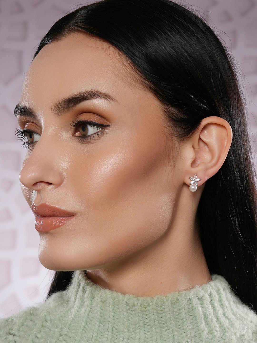 Jazz And Sizzle Rhodium Plated Floral Shaped Pearl Studded Drop Earrings