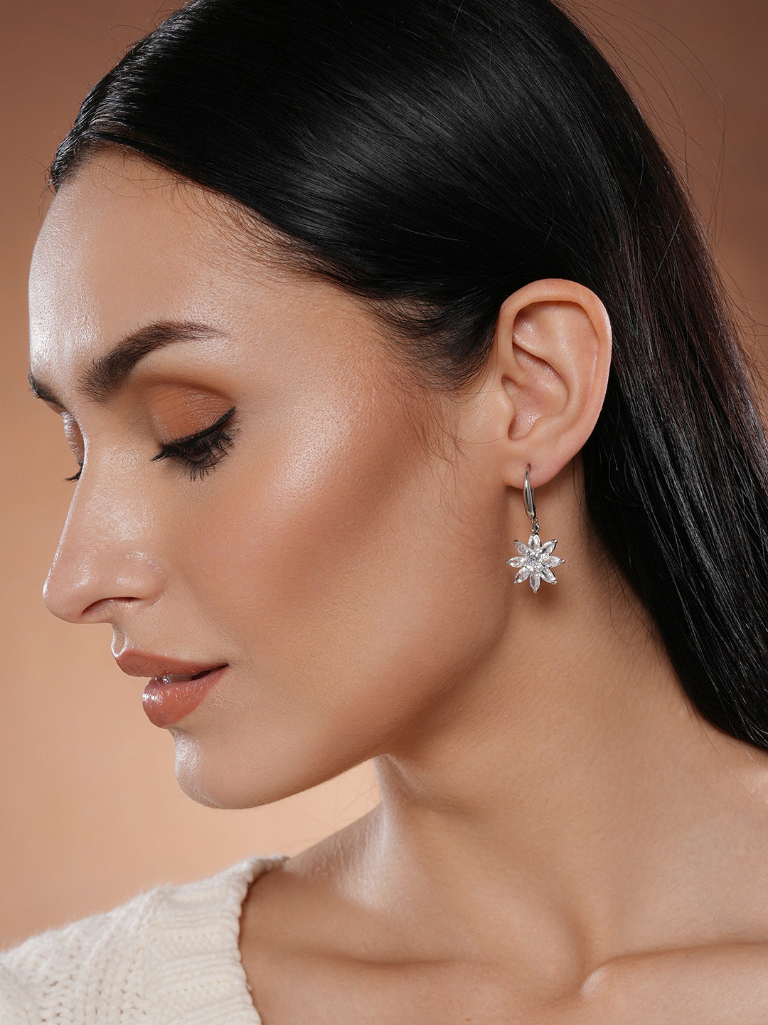 Jazz And Sizzle Rhodium Plated Floral Shaped Drop Earrings