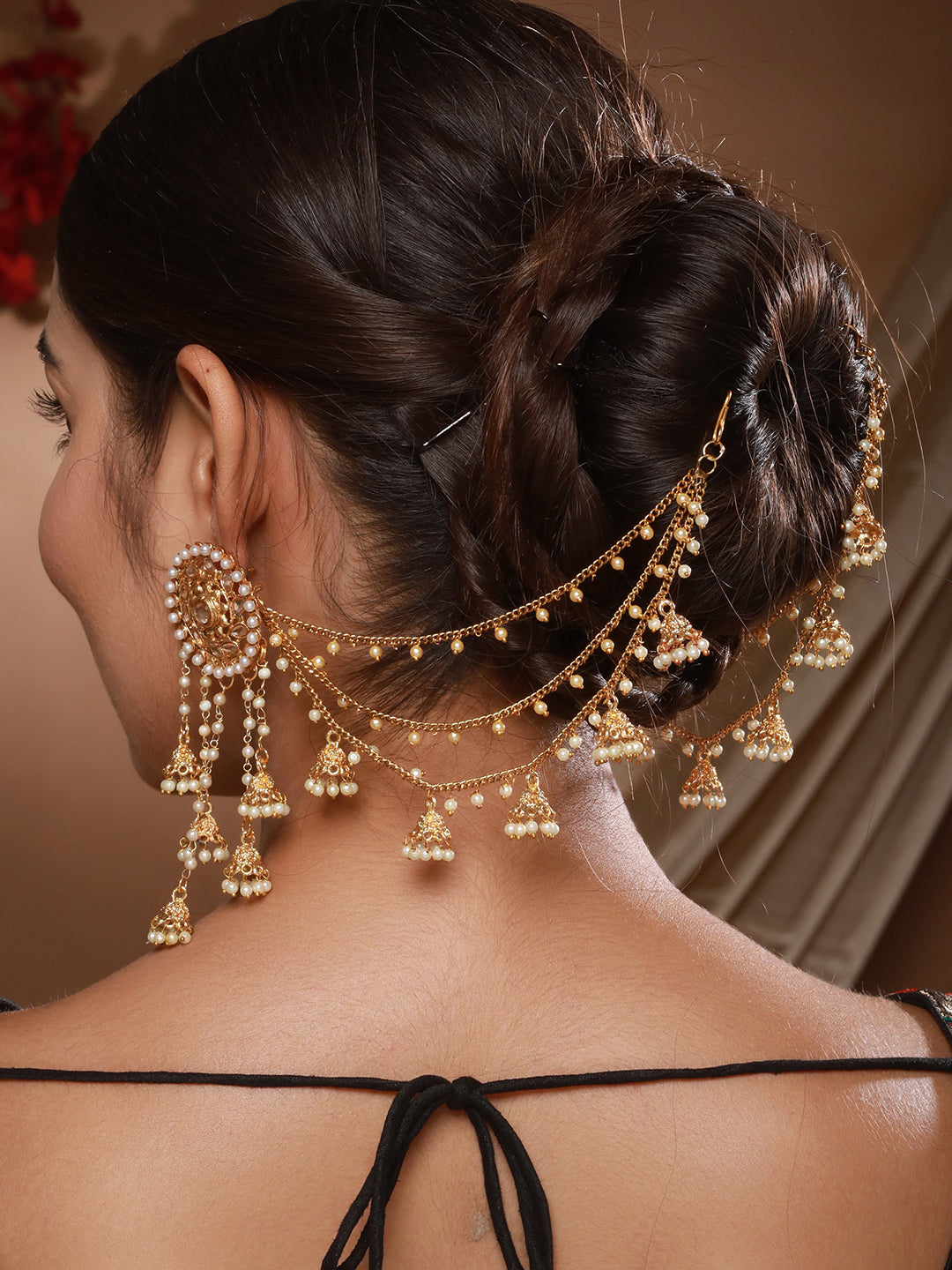 Jazz And Sizzle Gold-Plated Kundan Studded & Beaded Women Classic Jhumka Earrings with Kanchain