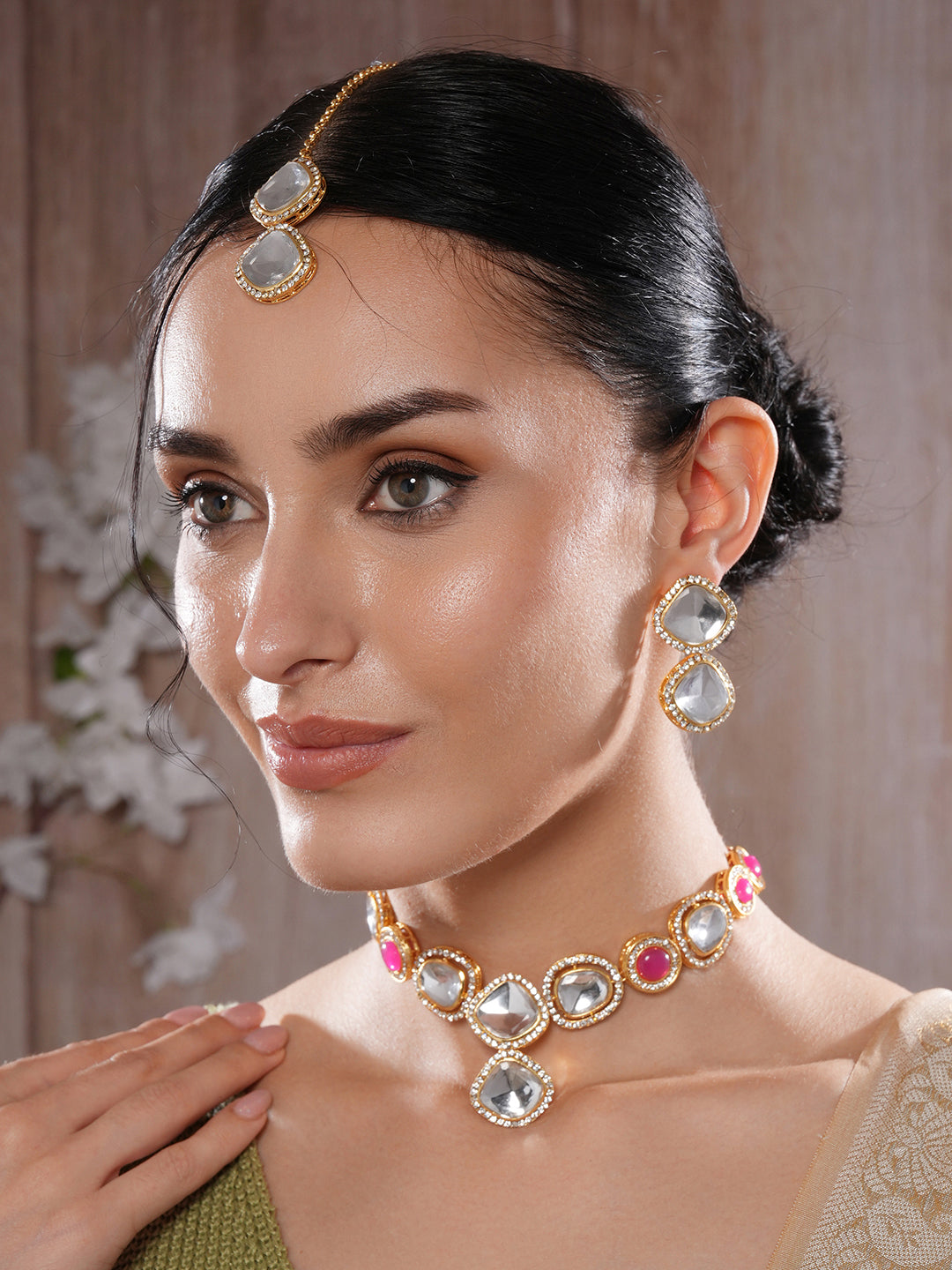 Jazz And Sizzle Gold-Plated Red & White Stone Studded Jewellery Set With Manngtikka