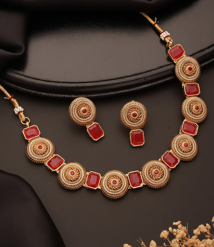 Jazz And Sizzle Gold-Plated Kundan-Studded Ruby Stone Studded Necklace & Earrings Set