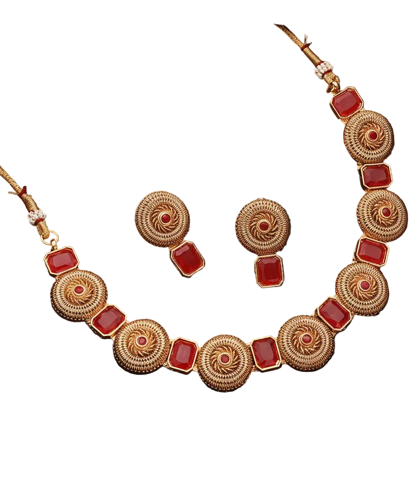 Jazz And Sizzle Gold-Plated Kundan-Studded Ruby Stone Studded Necklace & Earrings Set