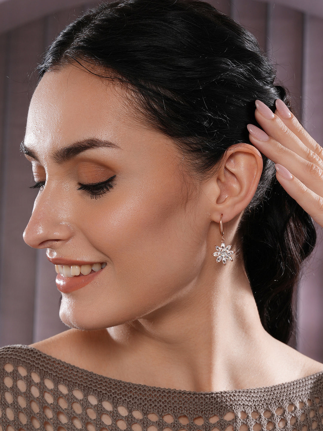 Jazz And Sizzle Rose Gold-Plated Floral Shaped Drop Earrings