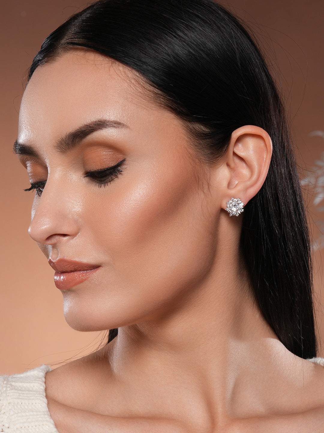 Jazz And Sizzle Silver-Plated American Diamond Studded Floral Stud Earrings