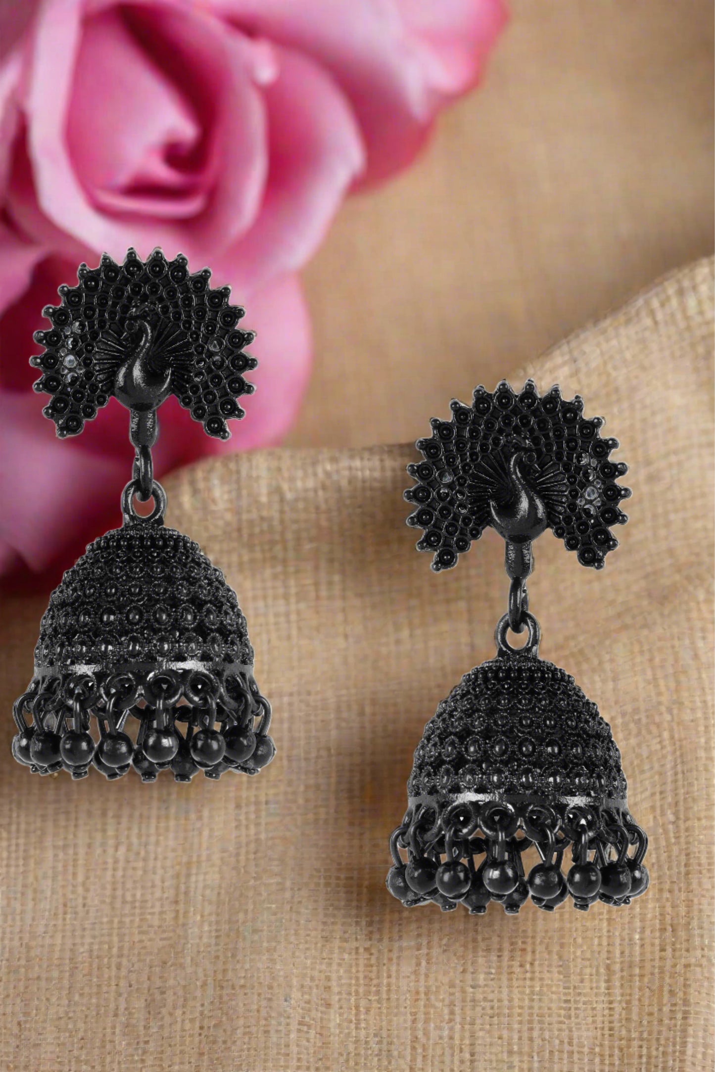 Black Painted Peacock Shaped Enameled Ethnic Jhumka Earrings - Jazzandsizzle