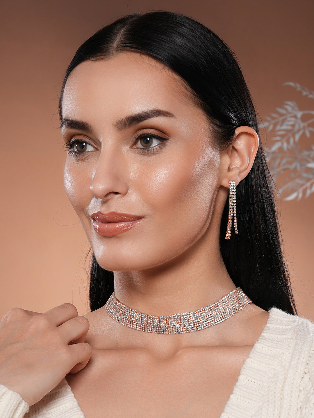 Jazz And Sizzle 18 k RoseGold Plated Crystal AD & Zirconia Studded MultiStrand Statement Jewellery Set