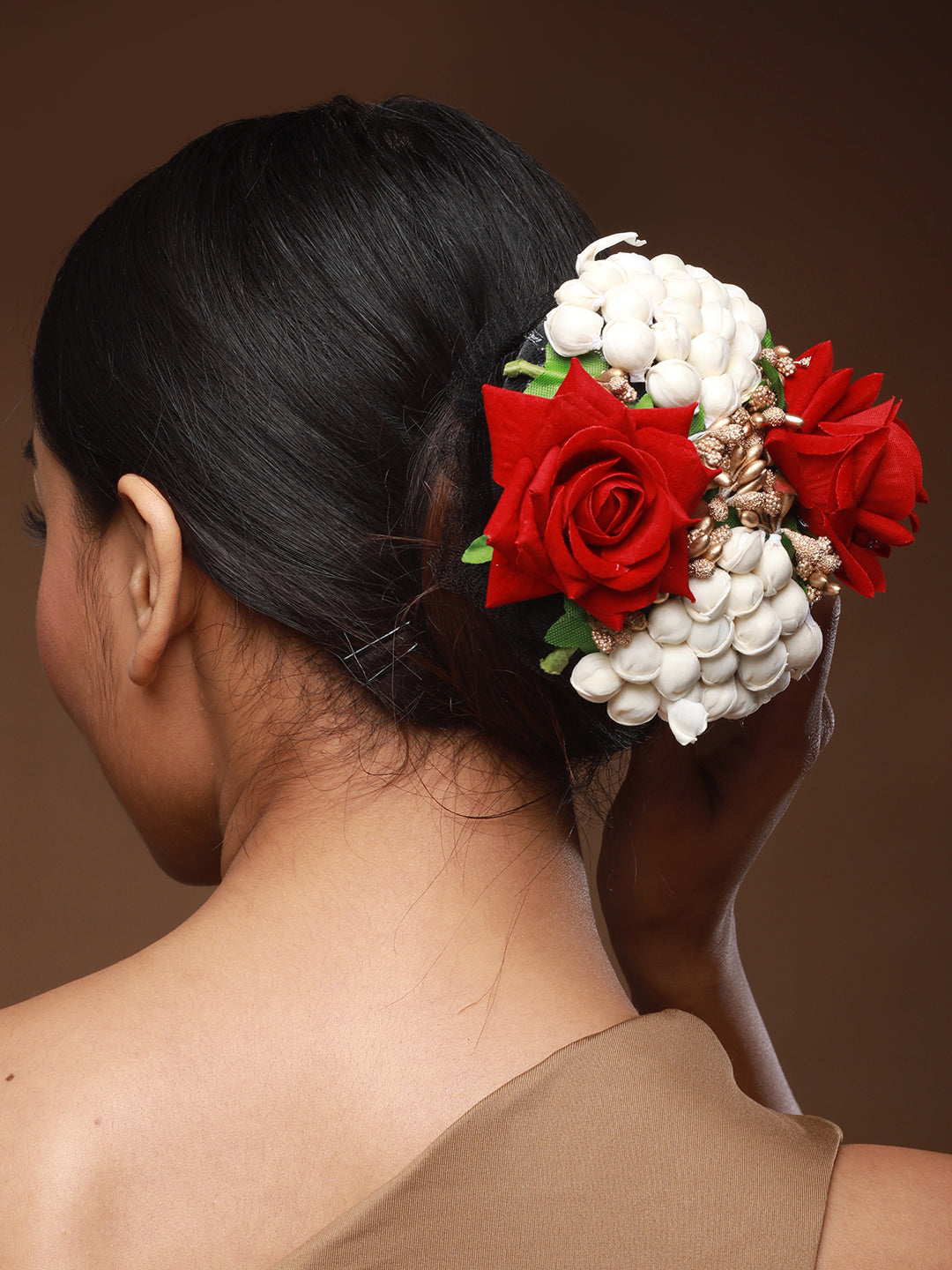 Women Red Rose & White Mogra Embellished Artificial Flower Gajra Designed Hair Bun Cover - Jazzandsizzle