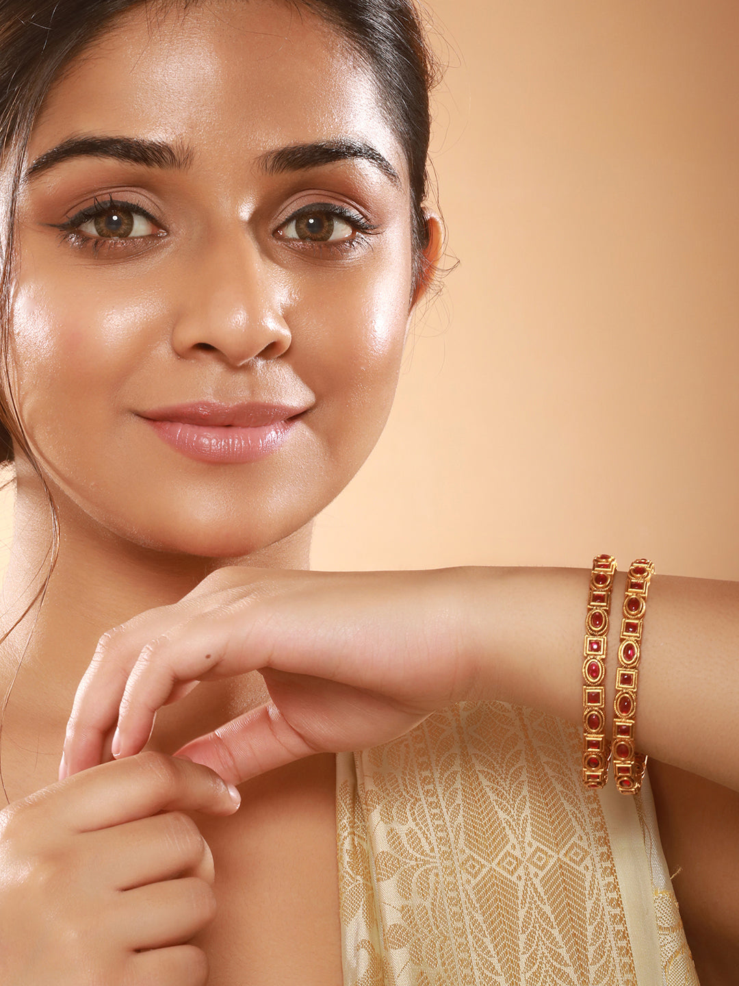 Jazz And Sizzle Set Of 2 18K Gold-Plated Ruby Stone Studded Bangles