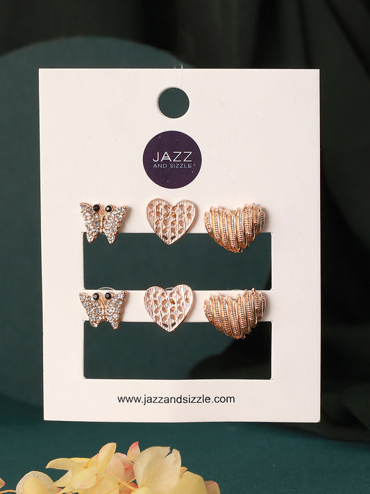 Set of 3 Gold-Plated Heart Shaped Stud Earrings - Jazzandsizzle