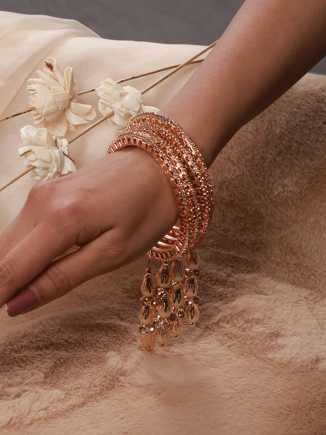 Set Of 4 Rose Gold-Plated Crystal Studded & Beaded Bangles