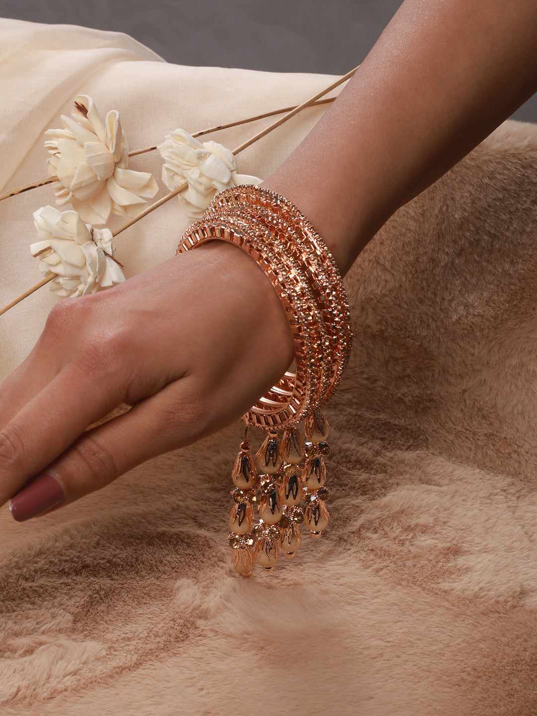 Set Of 4 Rose Gold-Plated Crystal Studded & Beaded Bangles - Jazzandsizzle