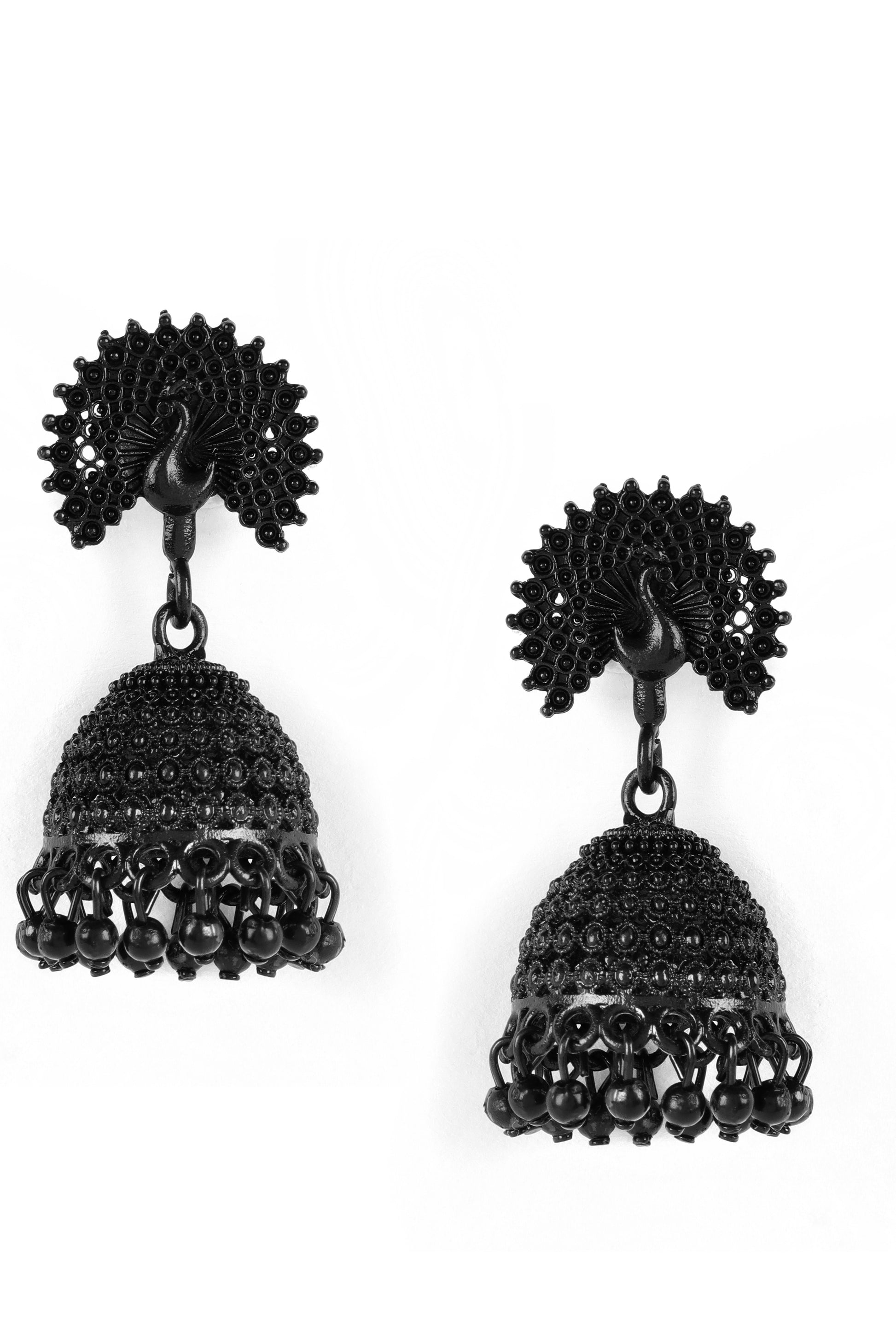 Black Painted Peacock Shaped Enameled Ethnic Jhumka Earrings - Jazzandsizzle