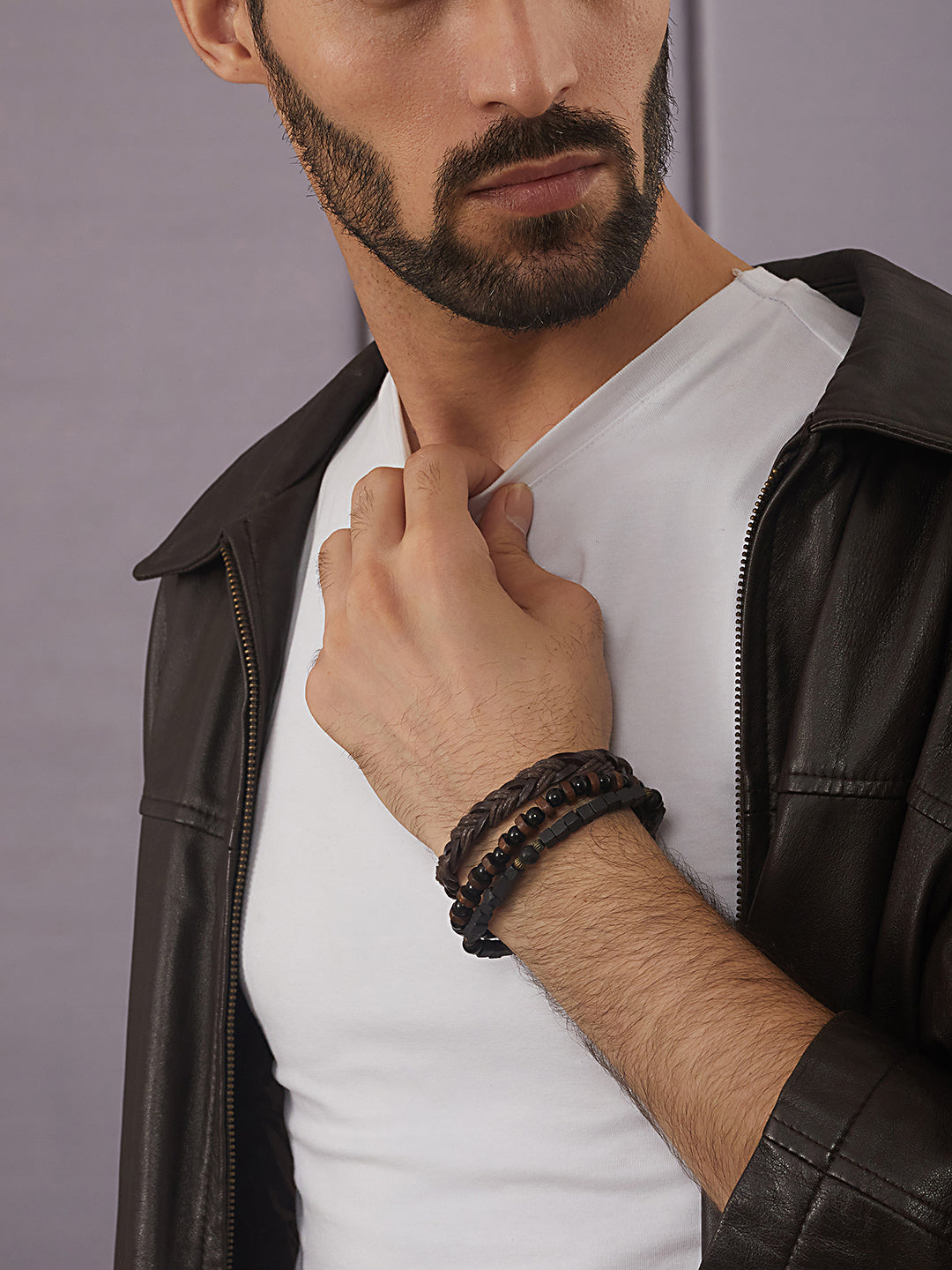 Jazz And Sizzle Men Set of 3 Brown Beaded Elasticated & Leather Wraparound Bracelet