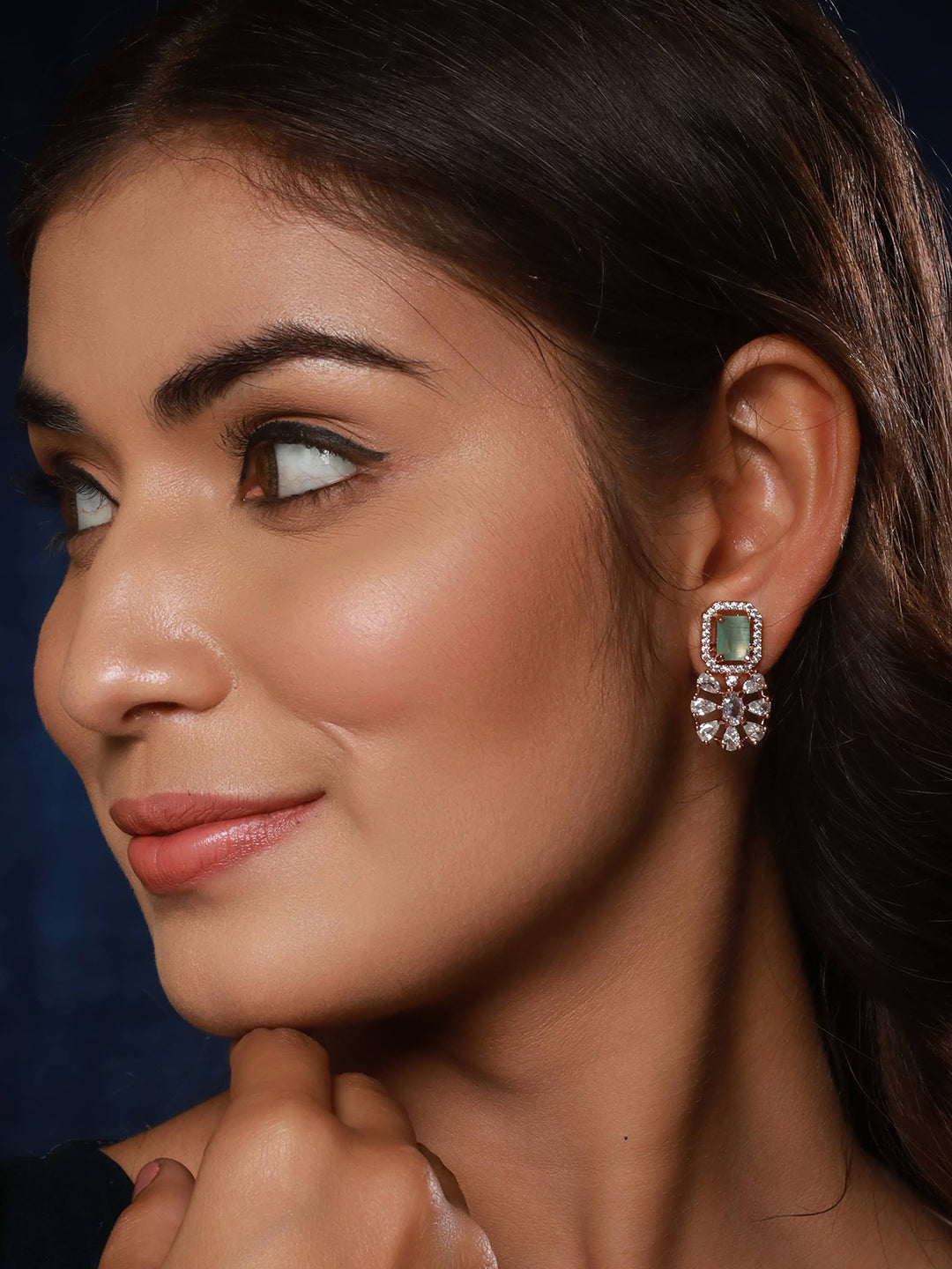 Jazz And Sizzle Rose Gold-Plated AD & Mint Green Stone Studded Earrings