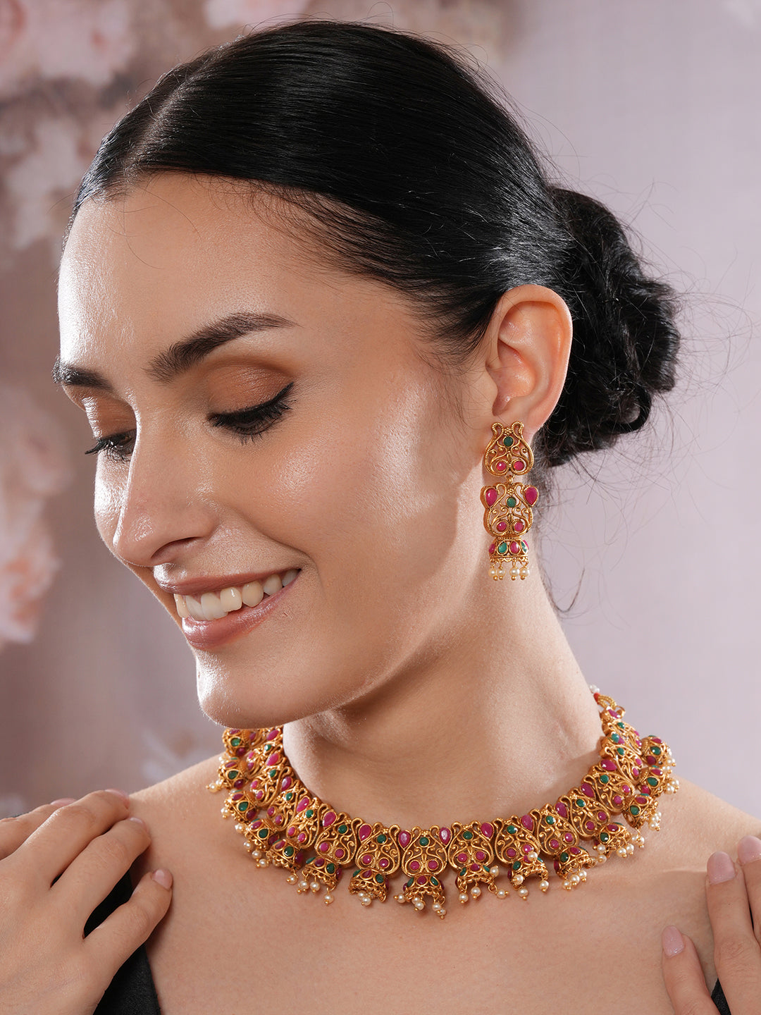 Jazz And Sizzle 22K Gold-Plated Ruby Kundan & Stone Studded Necklace Set with Pearl Beads