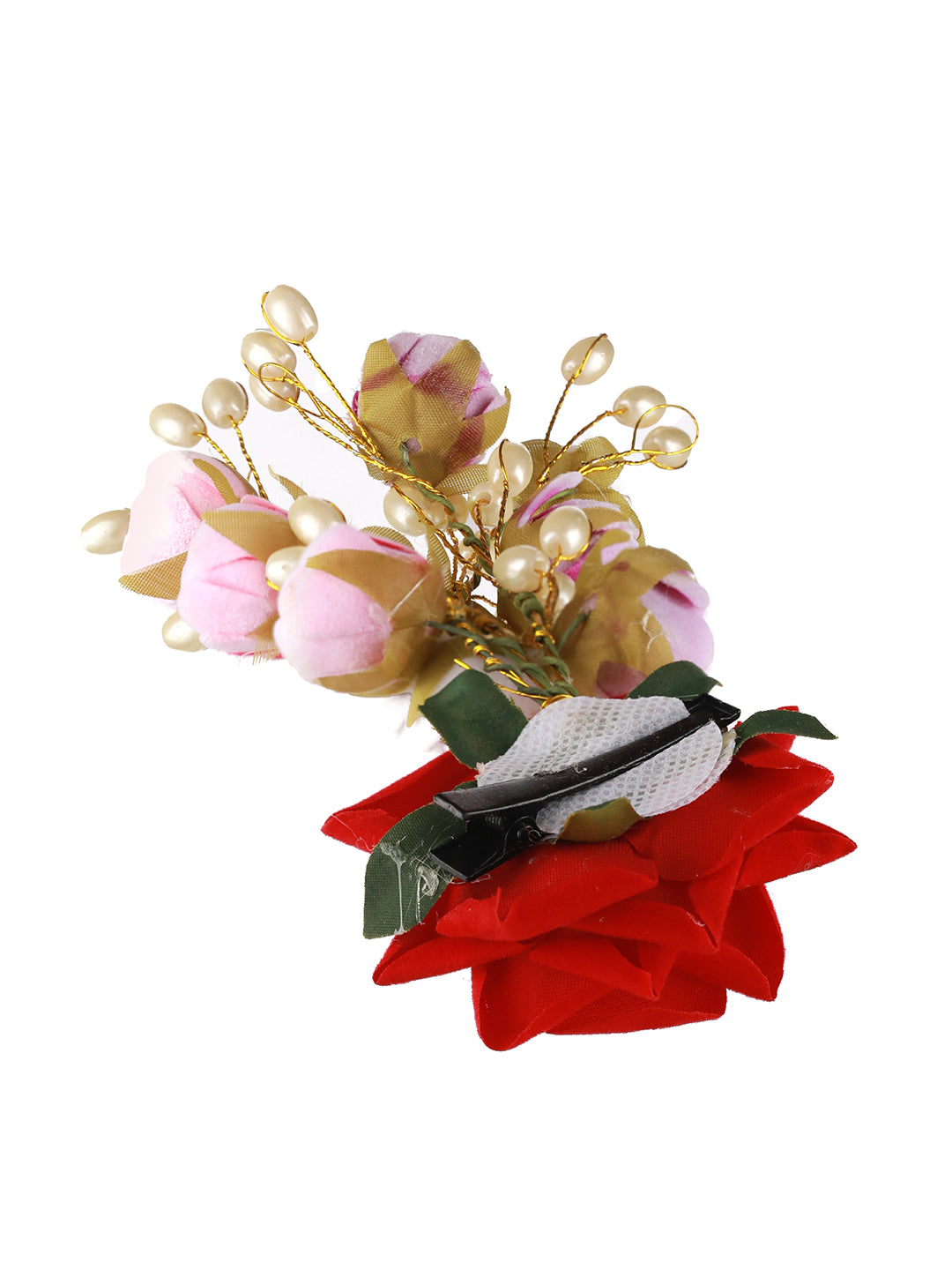 Women Red Rose wth White & Mauve Embellished Artificial Flower & Pearl Beaded Gajra Designed Hair Pin - Jazzandsizzle