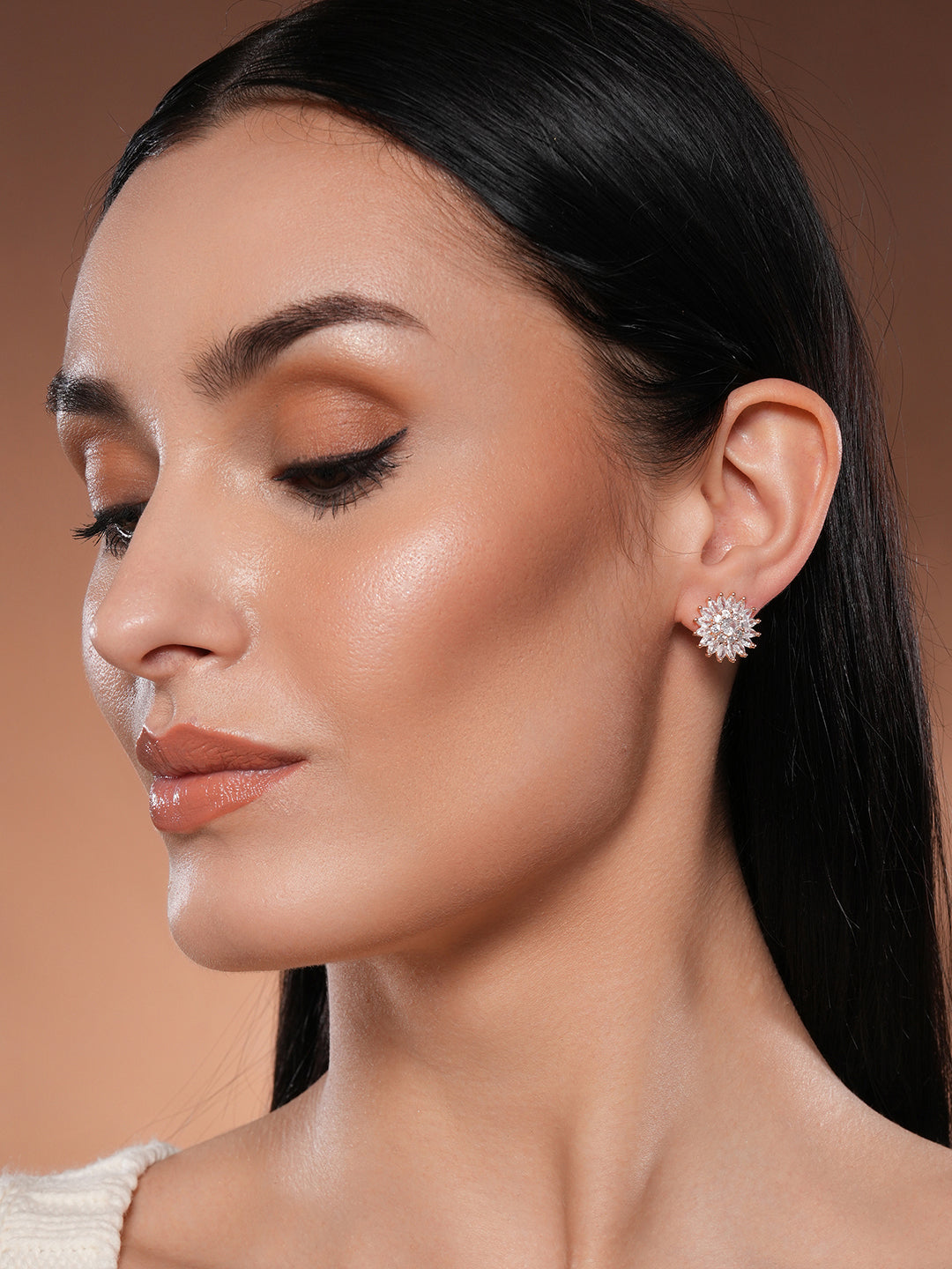 Jazz And Sizzle Rose Gold-Plated CZ-Studded Floral Studs Earrings