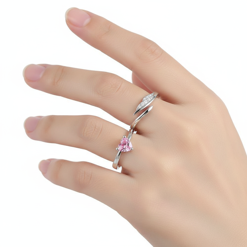Jazz And Sizzle Set of 2 Silver Plated Pink Heart AD Studded Adjustable Couple Ring for Valentines Gift