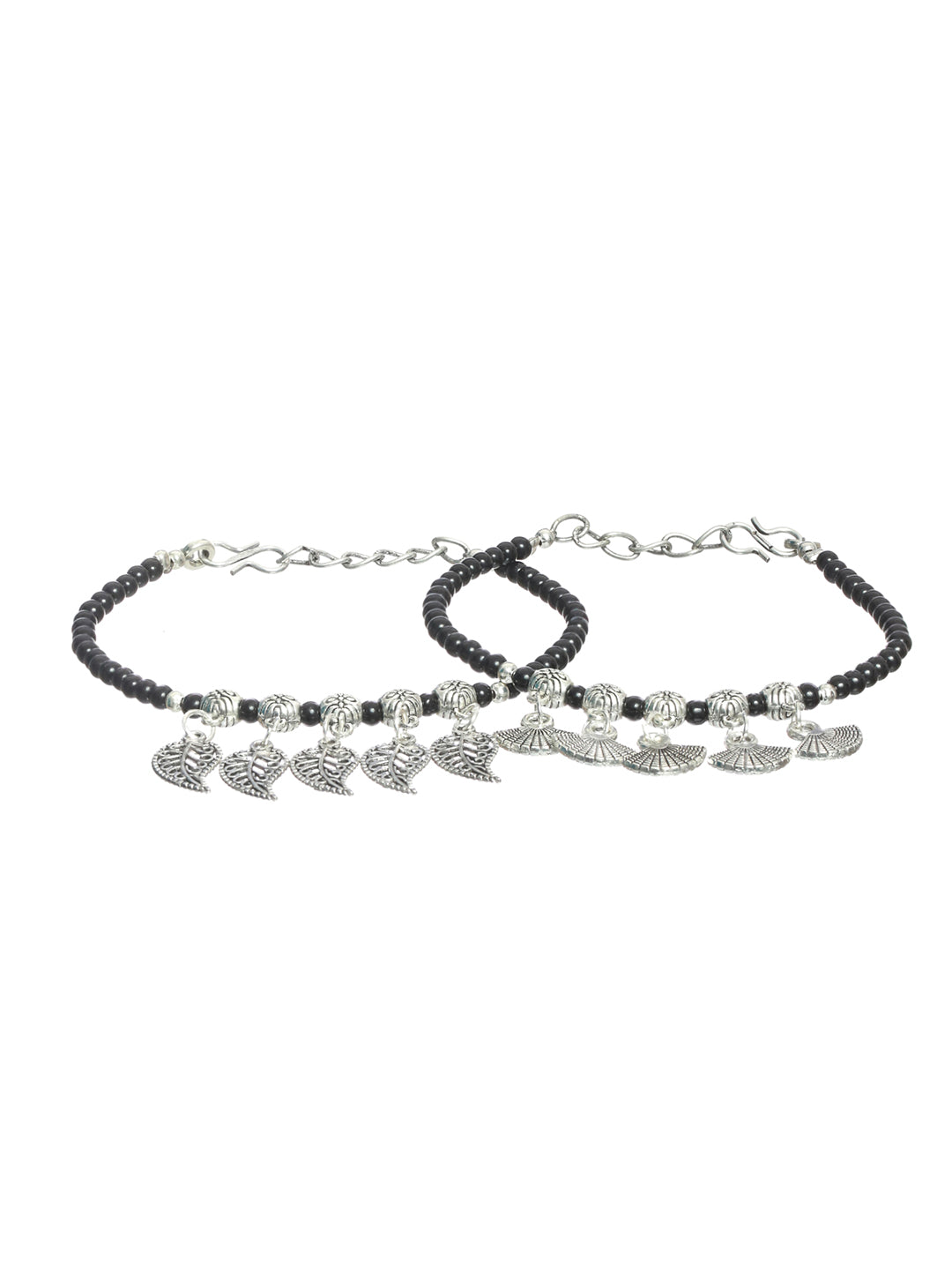 Set Of 2 Black & Silver-Toned Bracelet/Anklets