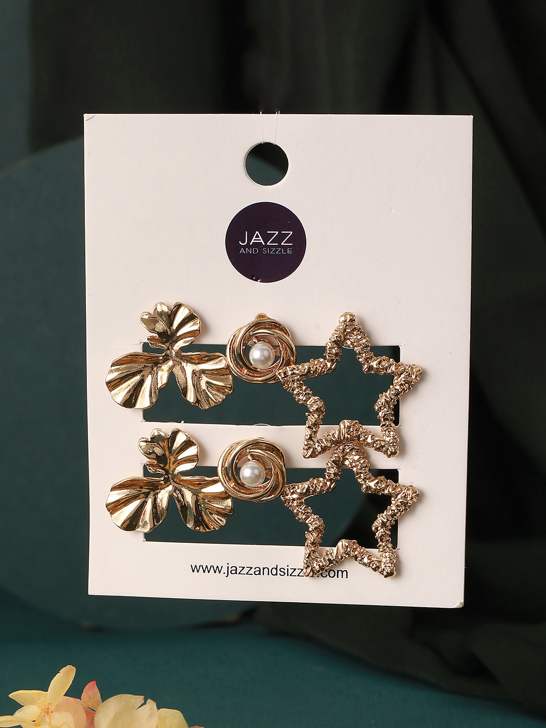 Set of 3 Gold Plated Star & Floral Shaped Stud Earrings