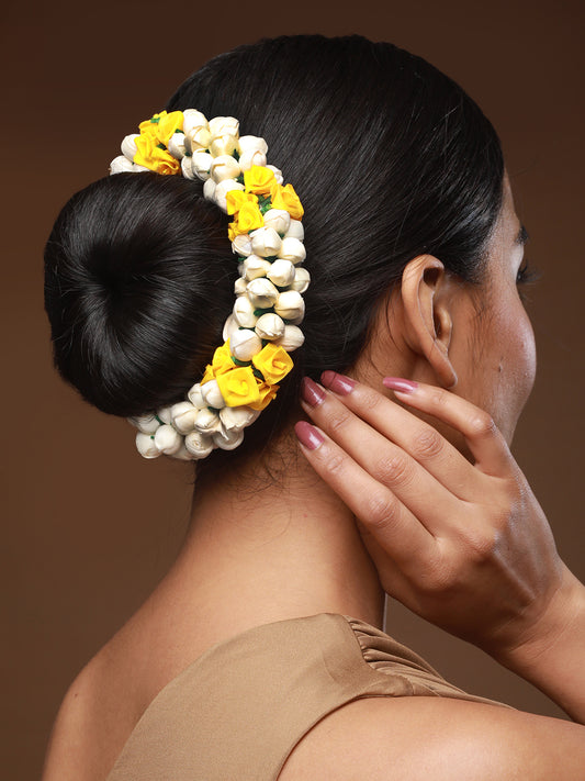 Women Yellow Rose & White Mogra Artificial Flower Gajra Floral Hair Bun - Jazzandsizzle