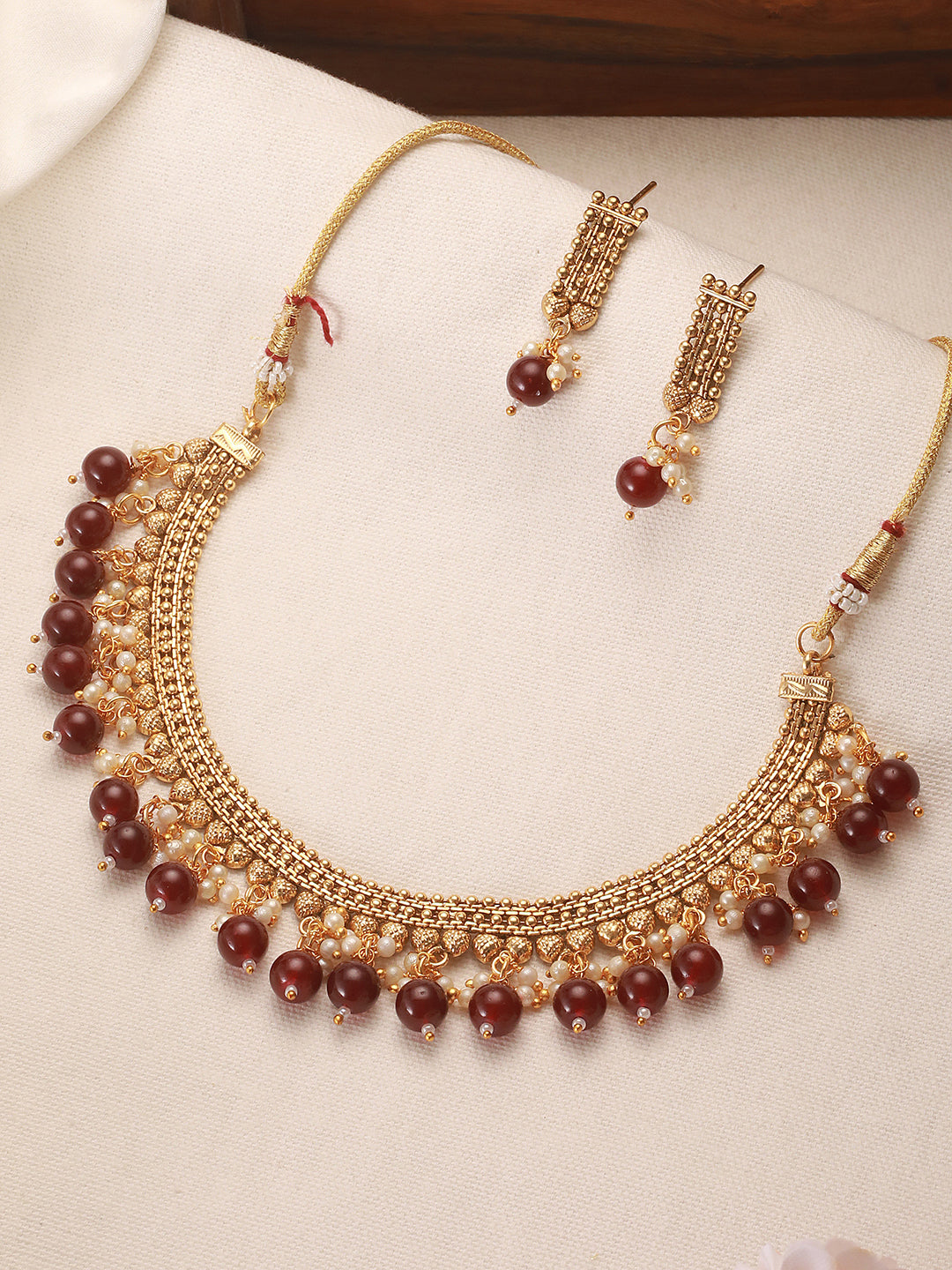 Jazz And Sizzle Gold-Plated Kundan-Studded Ruby & Green Stone Studded Necklace & Earrings Set (Copy) (Copy)
